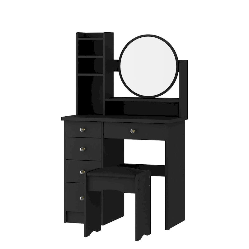 Timechee Coiffeuse avec miroir rond, tiroirs et étagères - Blanc - 31.5L x 15.7W x 52H