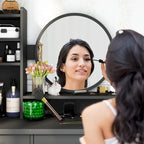 Timechee Coiffeuse avec miroir rond, tiroirs et étagères - Blanc - 31.5L x 15.7W x 52H