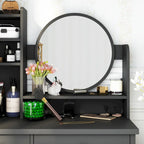 Timechee Coiffeuse avec miroir rond, tiroirs et étagères - Blanc - 31.5L x 15.7W x 52H