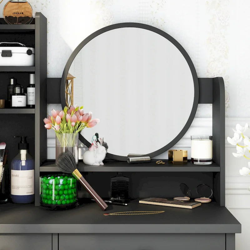 Timechee Coiffeuse avec miroir rond, tiroirs et étagères - Blanc - 31.5L x 15.7W x 52H