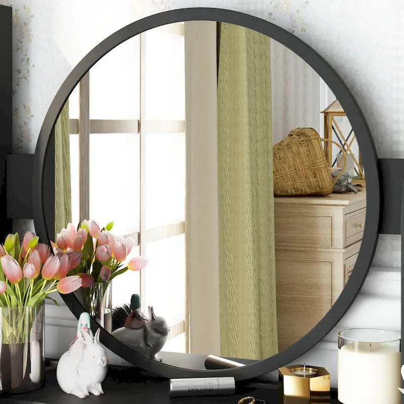 Timechee Coiffeuse avec miroir rond, tiroirs et étagères - Blanc - 31.5L x 15.7W x 52H