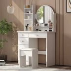 Timechee Coiffeuse avec miroir rond, tiroirs et étagères - Blanc - 31.5L x 15.7W x 52H