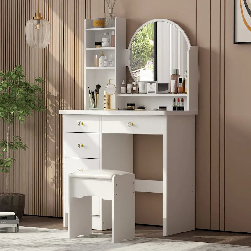 Timechee Coiffeuse avec miroir rond, tiroirs et étagères - Blanc - 31.5L x 15.7W x 52H