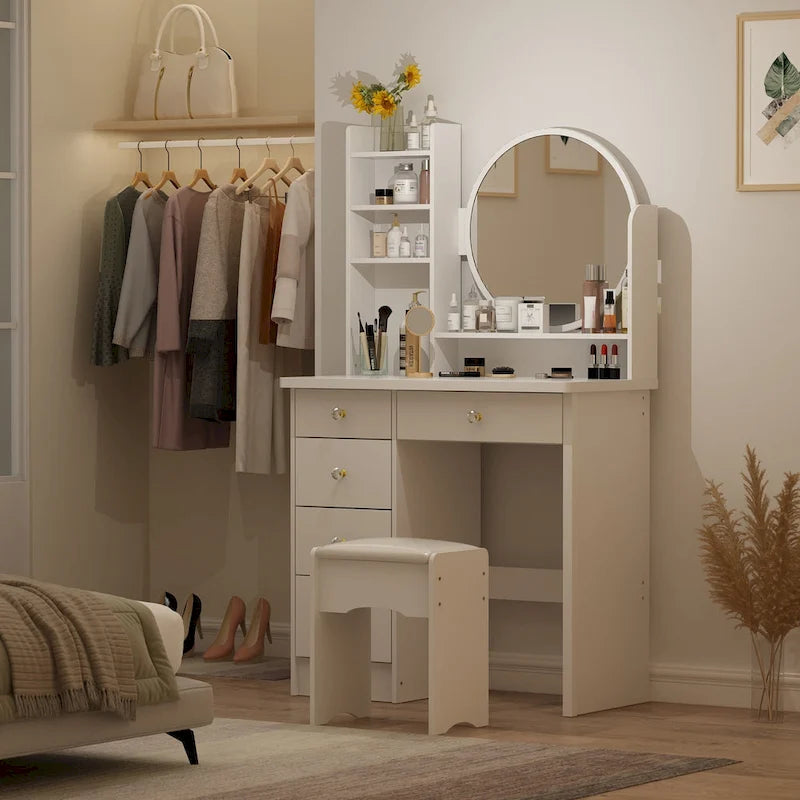 Timechee Coiffeuse avec miroir rond, tiroirs et étagères - Blanc - 31.5L x 15.7W x 52H