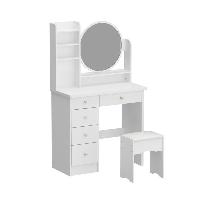 Timechee Coiffeuse avec miroir rond, tiroirs et étagères - Blanc - 31.5L x 15.7W x 52H
