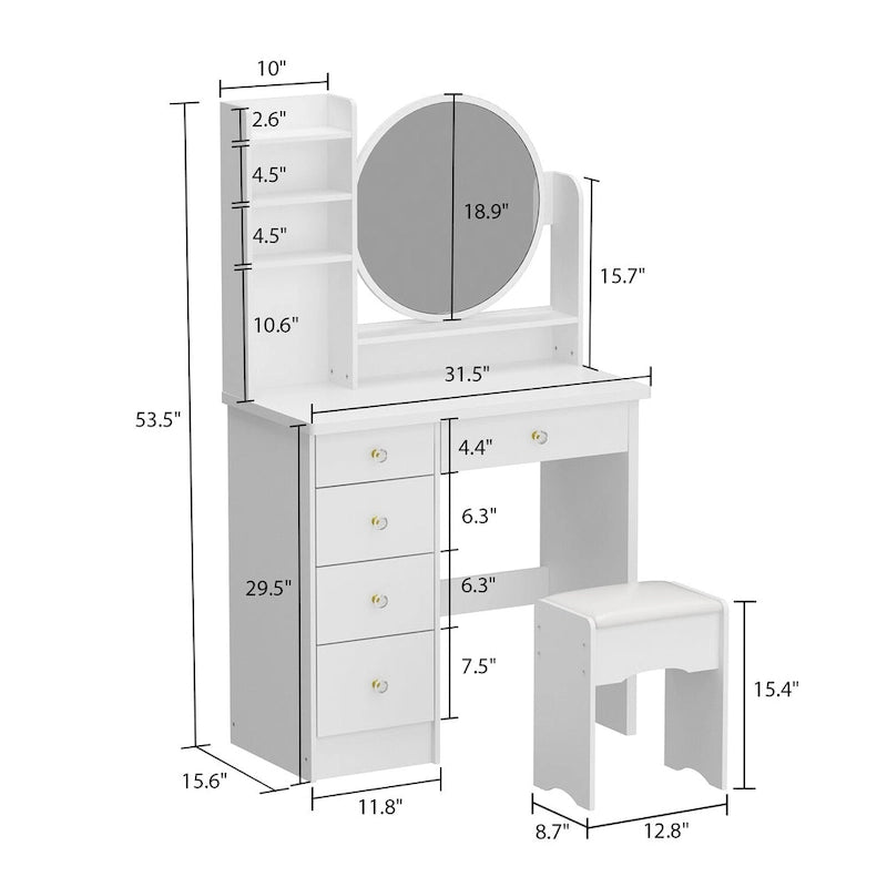Timechee Coiffeuse avec miroir rond, tiroirs et étagères - Blanc - 31.5L x 15.7W x 52H