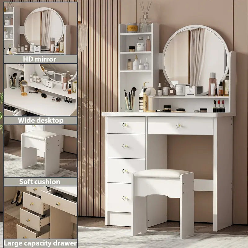 Timechee Coiffeuse avec miroir rond, tiroirs et étagères - Blanc - 31.5L x 15.7W x 52H