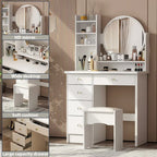 Timechee Coiffeuse avec miroir rond, tiroirs et étagères - Blanc - 31.5L x 15.7W x 52H