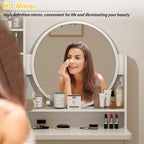 Timechee Coiffeuse avec miroir rond, tiroirs et étagères - Blanc - 31.5L x 15.7W x 52H