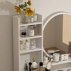 Timechee Coiffeuse avec miroir rond, tiroirs et étagères - Blanc - 31.5L x 15.7W x 52H