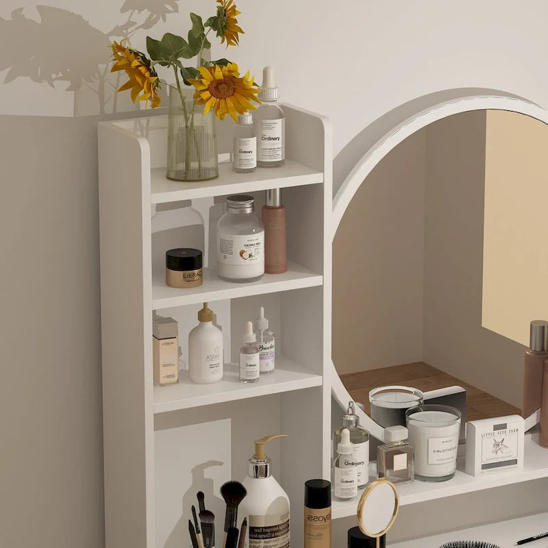 Timechee Coiffeuse avec miroir rond, tiroirs et étagères - Blanc - 31.5L x 15.7W x 52H