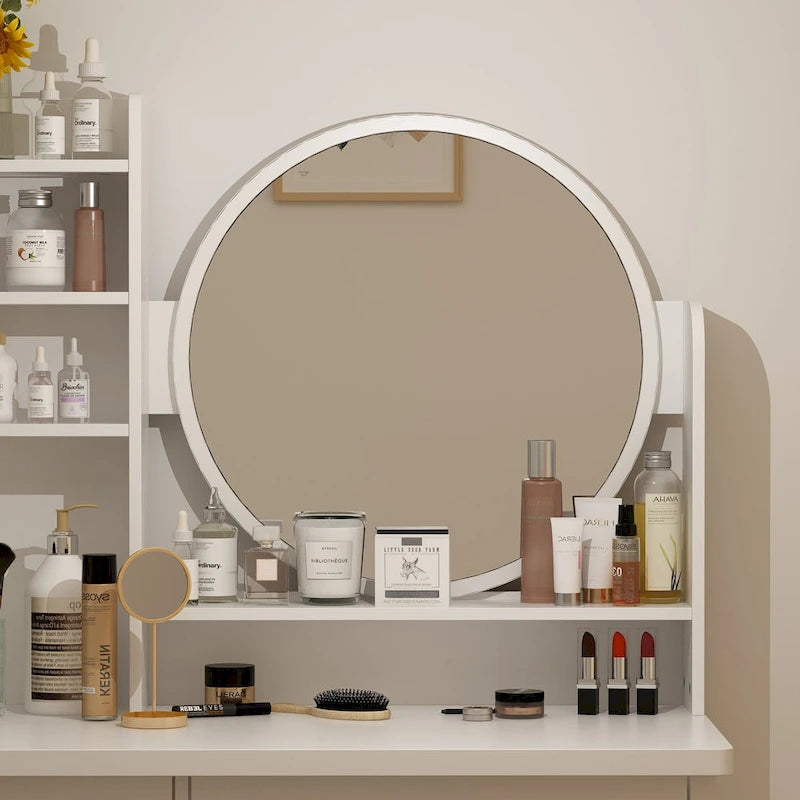 Timechee Coiffeuse avec miroir rond, tiroirs et étagères - Blanc - 31.5L x 15.7W x 52H