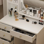 Timechee Coiffeuse avec miroir rond, tiroirs et étagères - Blanc - 31.5L x 15.7W x 52H