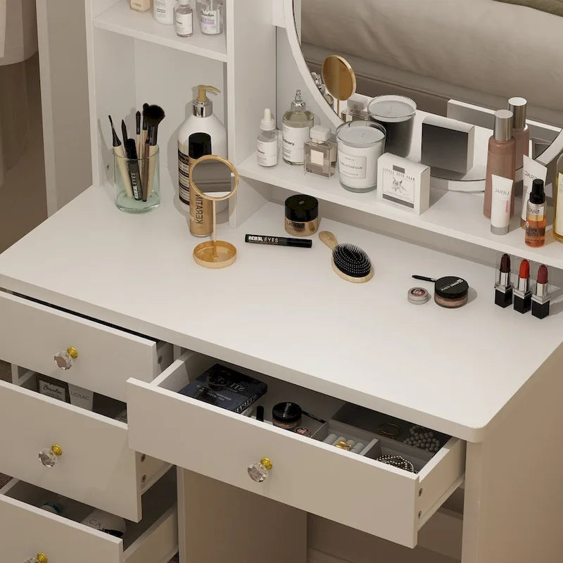 Timechee Coiffeuse avec miroir rond, tiroirs et étagères - Blanc - 31.5L x 15.7W x 52H