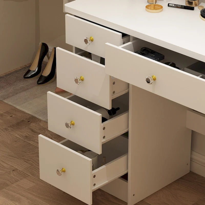 Timechee Coiffeuse avec miroir rond, tiroirs et étagères - Blanc - 31.5L x 15.7W x 52H