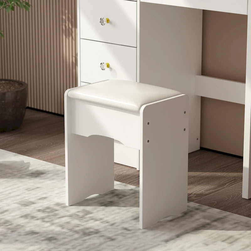 Timechee Coiffeuse avec miroir rond, tiroirs et étagères - Blanc - 31.5L x 15.7W x 52H