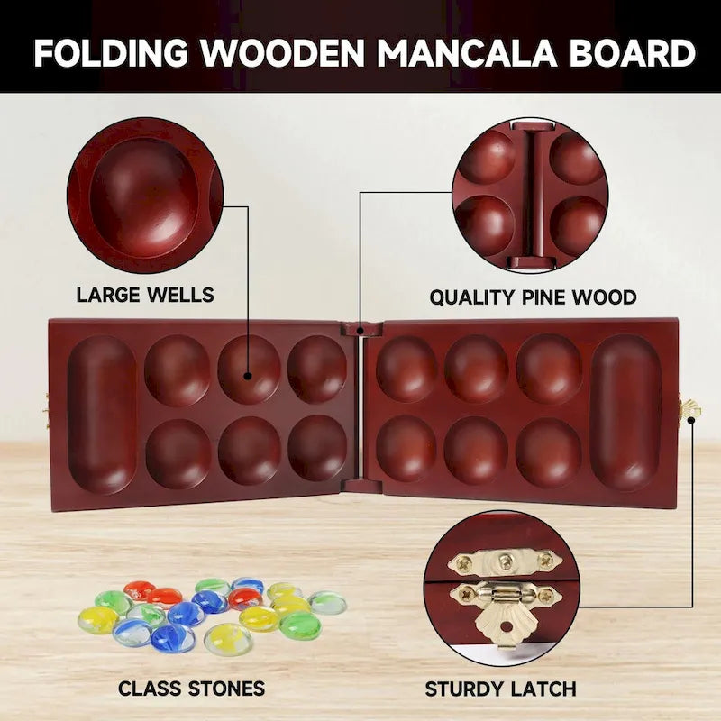 Jeu de plateau en bois pliable d'acajou Mankala GSE avec pierres de verre multicolores et sac de rangement