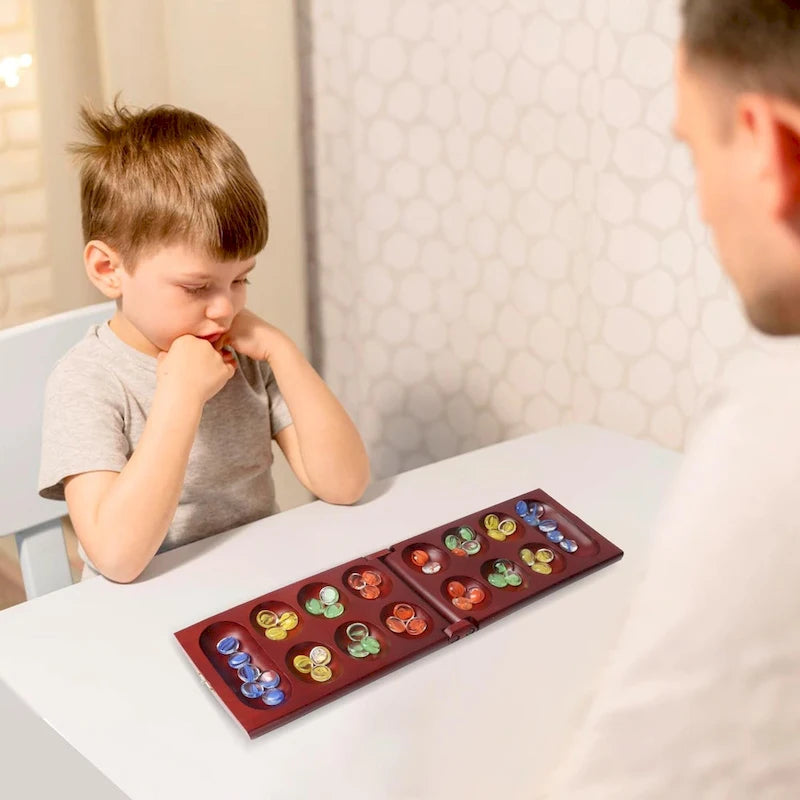 Jeu de plateau en bois pliable d'acajou Mankala GSE avec pierres de verre multicolores et sac de rangement