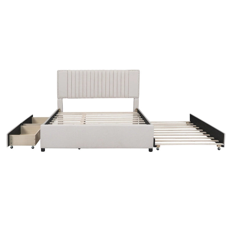 Lit plateforme rembourré avec 2 tiroirs et 1 lit gigogne jumeau XL