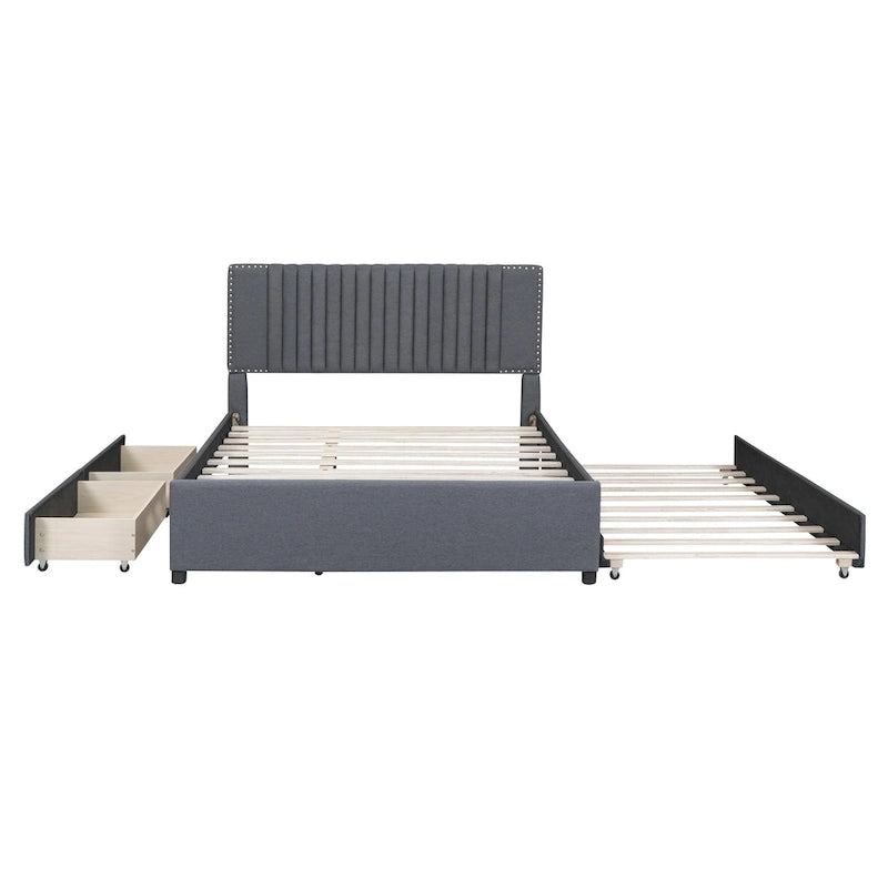 Lit plateforme rembourré avec 2 tiroirs et 1 lit gigogne jumeau XL