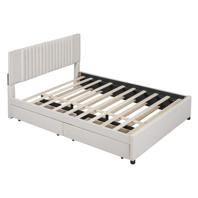 Lit plateforme rembourré avec 2 tiroirs et 1 lit gigogne jumeau XL