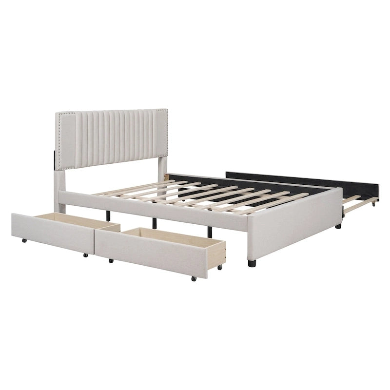 Lit plateforme rembourré avec 2 tiroirs et 1 lit gigogne jumeau XL