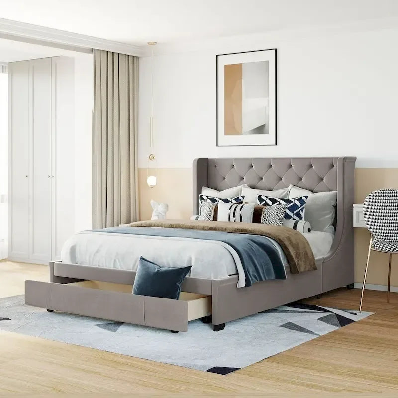 Lit de rangement Queen Size en velours avec tête de lit capitonnée et grand tiroir