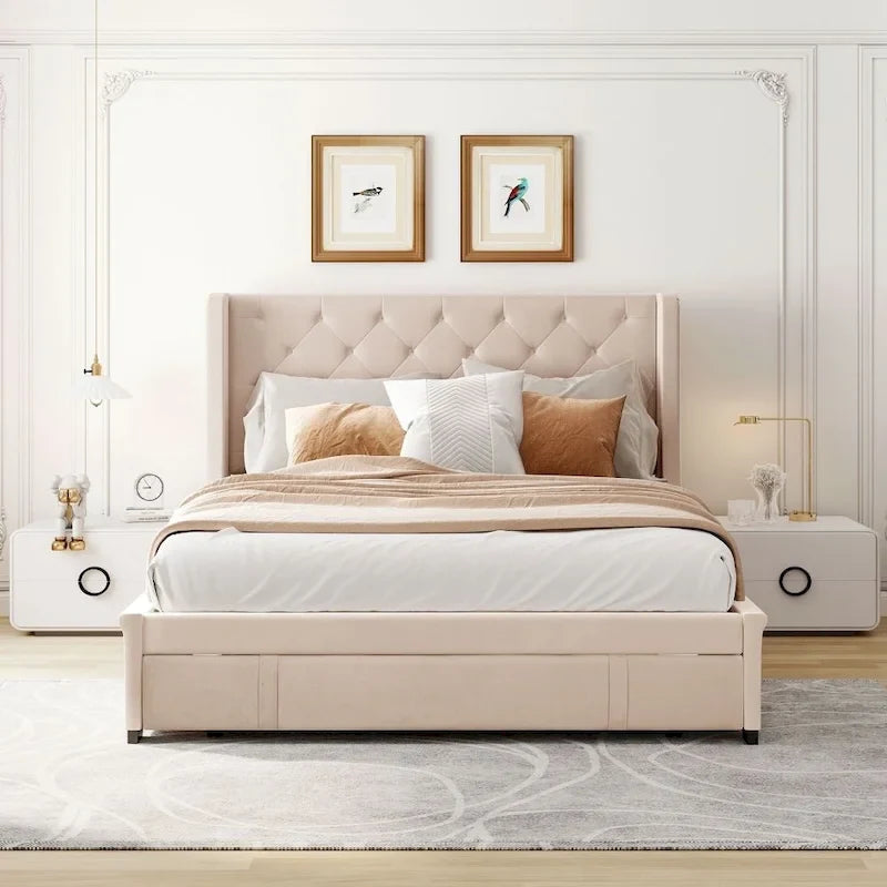 Lit de rangement Queen Size en velours avec tête de lit capitonnée et grand tiroir
