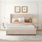 Lit de rangement Queen Size en velours avec tête de lit capitonnée et grand tiroir