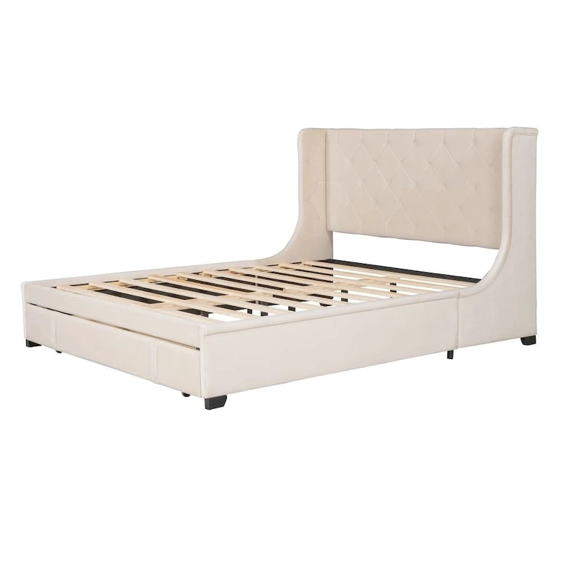Lit de rangement Queen Size en velours avec tête de lit capitonnée et grand tiroir