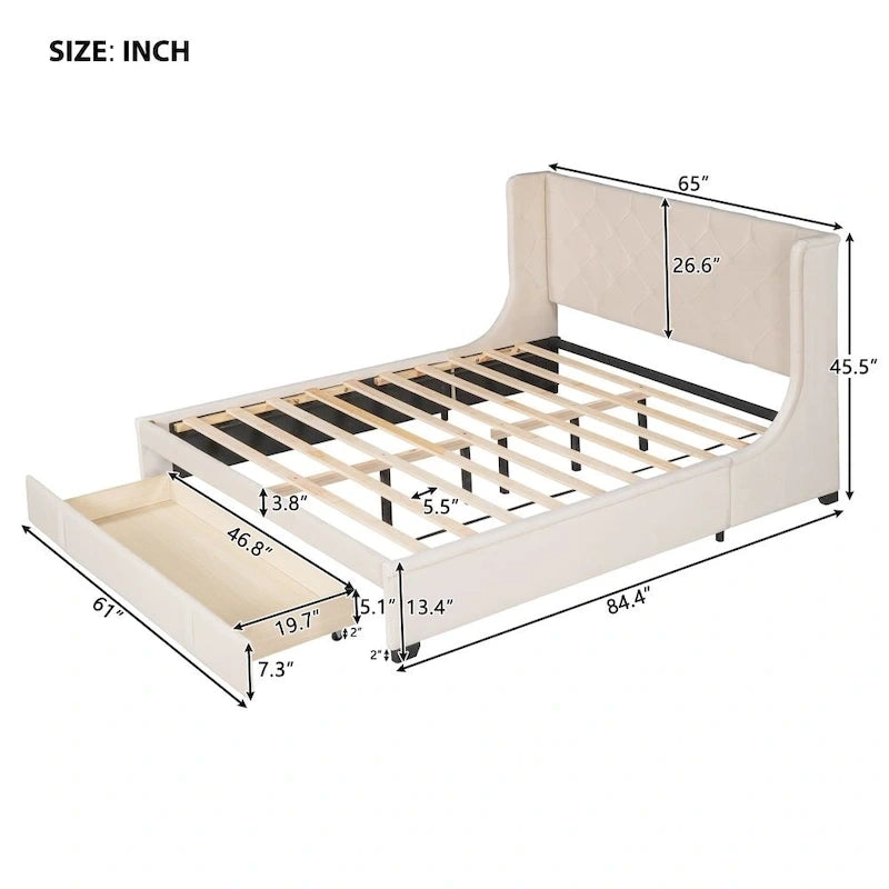 Lit de rangement Queen Size en velours avec tête de lit capitonnée et grand tiroir