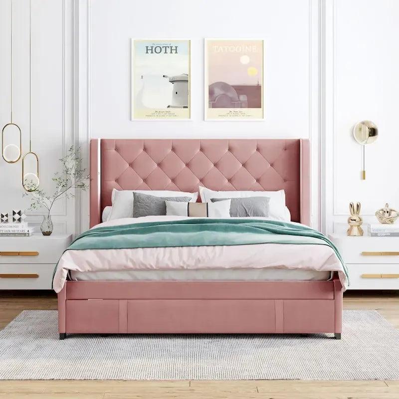 Lit de rangement Queen Size en velours avec tête de lit capitonnée et grand tiroir