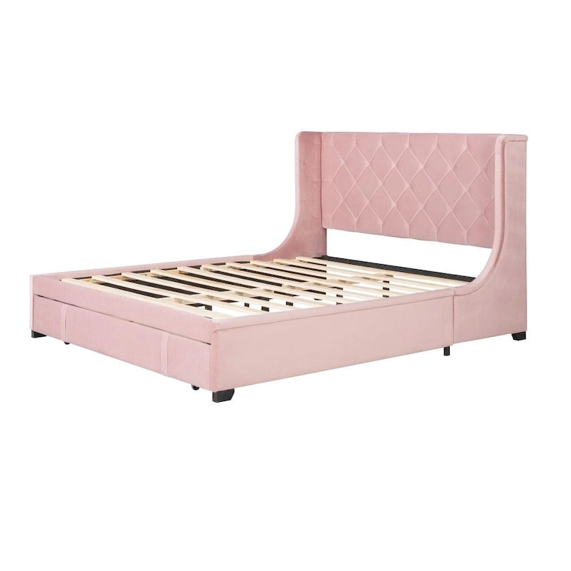 Lit de rangement Queen Size en velours avec tête de lit capitonnée et grand tiroir