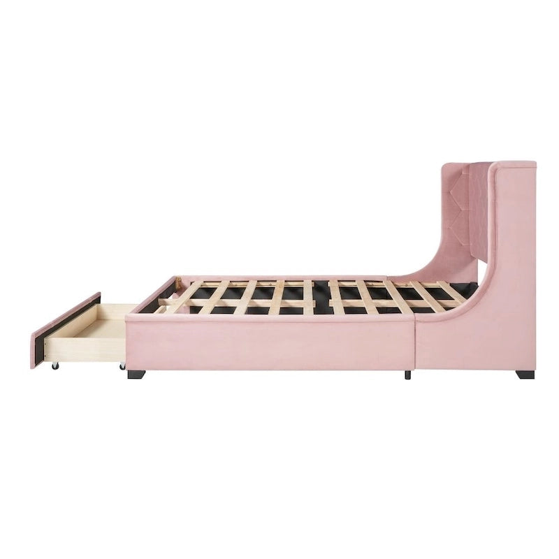 Lit de rangement Queen Size en velours avec tête de lit capitonnée et grand tiroir