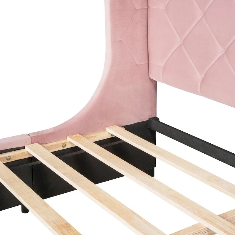 Lit de rangement Queen Size en velours avec tête de lit capitonnée et grand tiroir