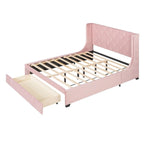 Lit de rangement Queen Size en velours avec tête de lit capitonnée et grand tiroir