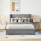 Lit de rangement Queen Size en velours avec tête de lit capitonnée et grand tiroir