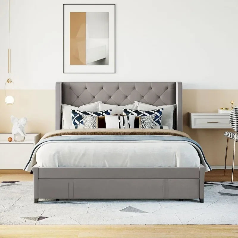 Lit de rangement Queen Size en velours avec tête de lit capitonnée et grand tiroir