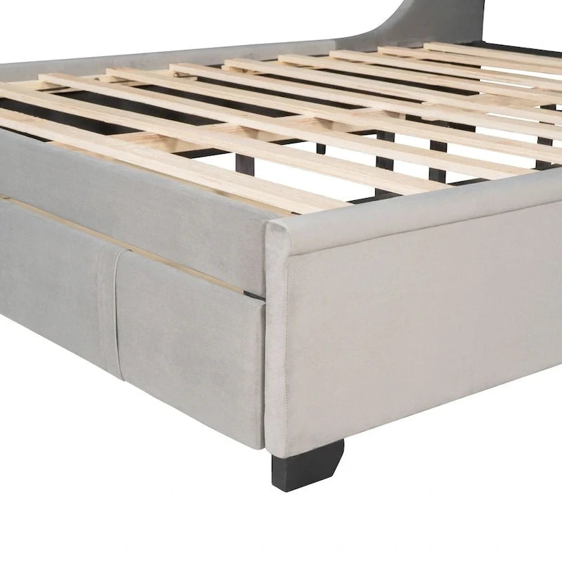 Lit de rangement Queen Size en velours avec tête de lit capitonnée et grand tiroir