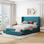 Lit de rangement Queen Size en velours avec tête de lit capitonnée et grand tiroir