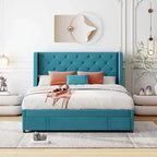 Lit de rangement Queen Size en velours avec tête de lit capitonnée et grand tiroir