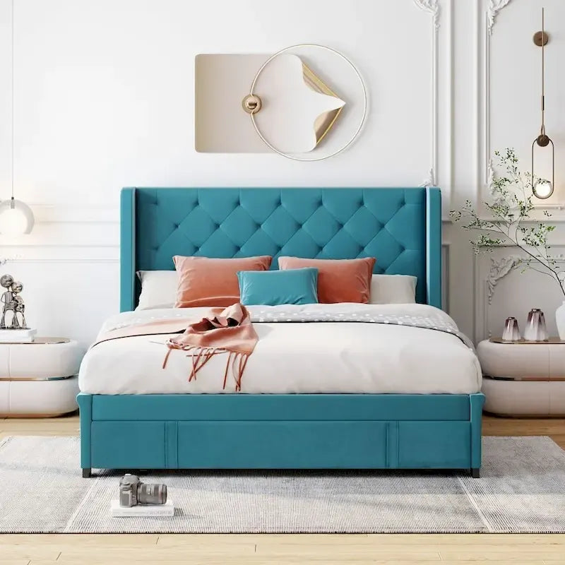 Lit de rangement Queen Size en velours avec tête de lit capitonnée et grand tiroir