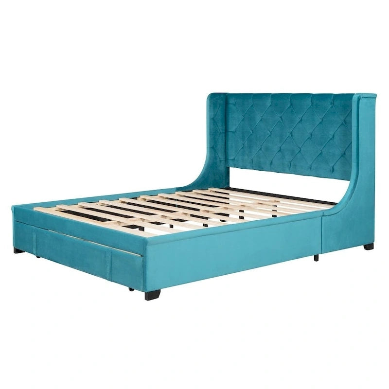 Lit de rangement Queen Size en velours avec tête de lit capitonnée et grand tiroir