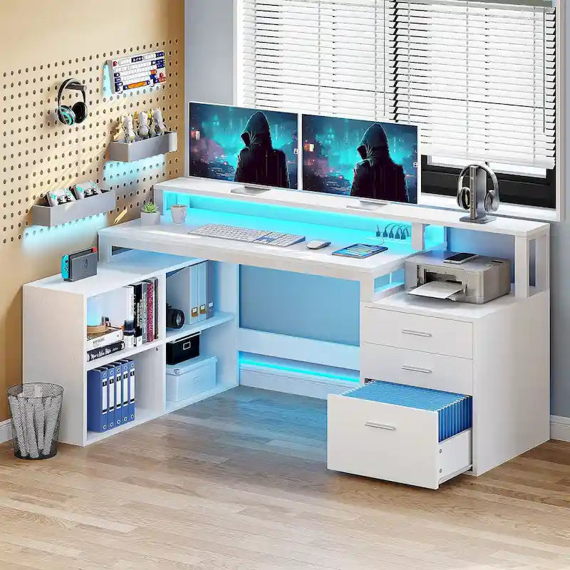 Bureau d'angle en L de 165 cm avec LED RVB, support d'écran et meuble de rangement – 1 personne | Blanc / Chêne / Gris Anthracite / Noir