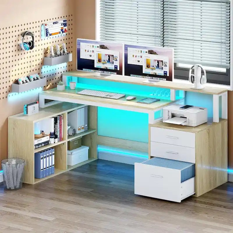 Bureau d'angle en L de 165 cm avec LED RVB, support d'écran et meuble de rangement – 1 personne | Blanc / Chêne / Gris Anthracite / Noir