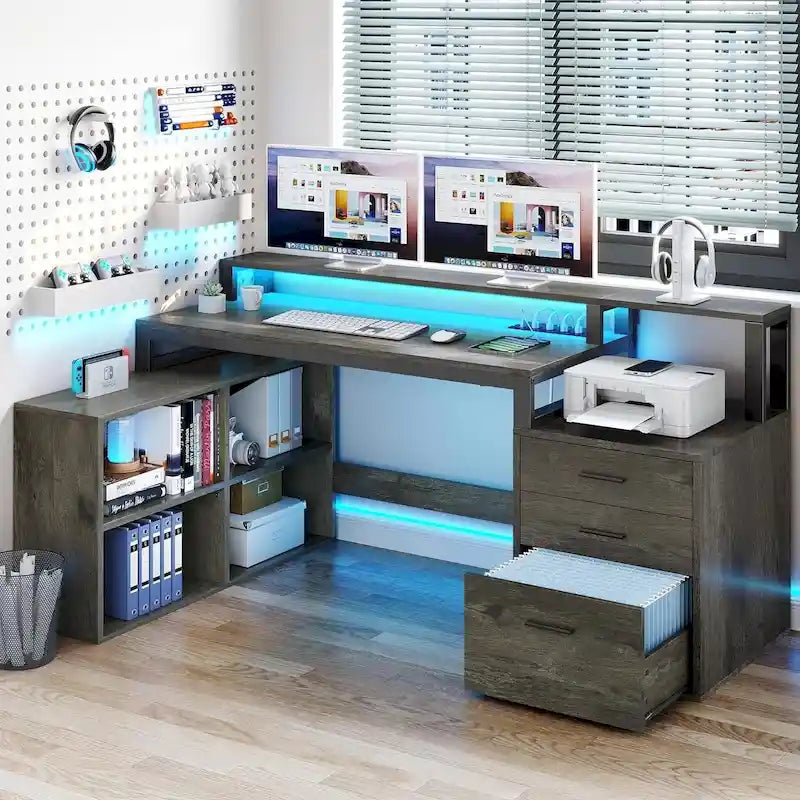 Bureau d'angle en L de 165 cm avec LED RVB, support d'écran et meuble de rangement – 1 personne | Blanc / Chêne / Gris Anthracite / Noir