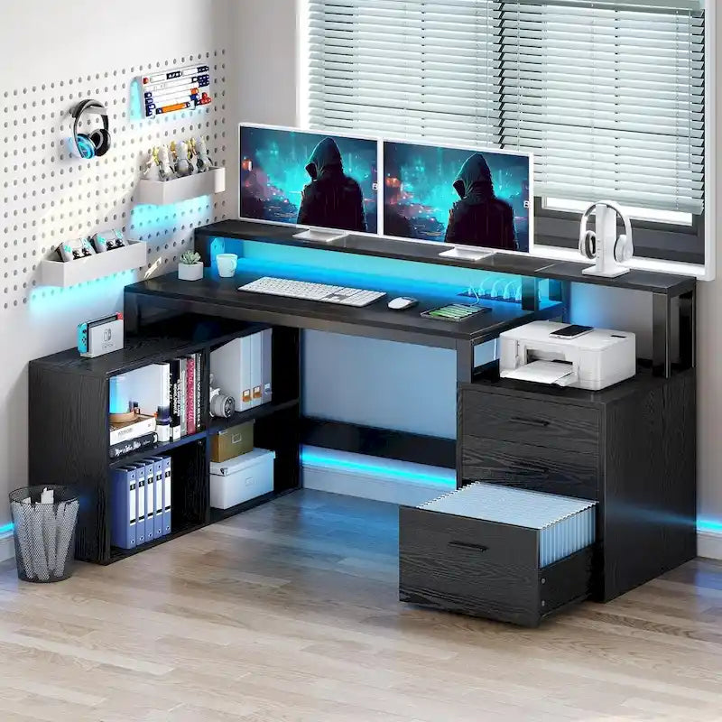 Bureau d'angle en L de 165 cm avec LED RVB, support d'écran et meuble de rangement – 1 personne | Blanc / Chêne / Gris Anthracite / Noir