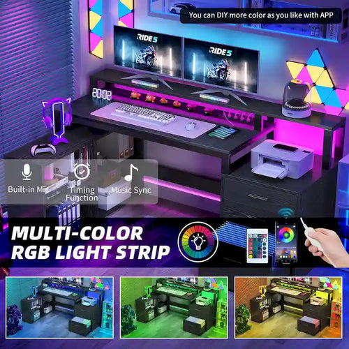 Bureau d'angle en L de 165 cm avec LED RVB, support d'écran et meuble de rangement – 1 personne | Blanc / Chêne / Gris Anthracite / Noir