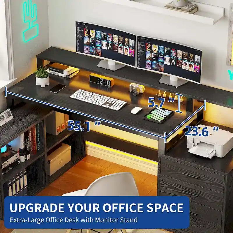 Bureau d'angle en L de 165 cm avec LED RVB, support d'écran et meuble de rangement – 1 personne | Blanc / Chêne / Gris Anthracite / Noir
