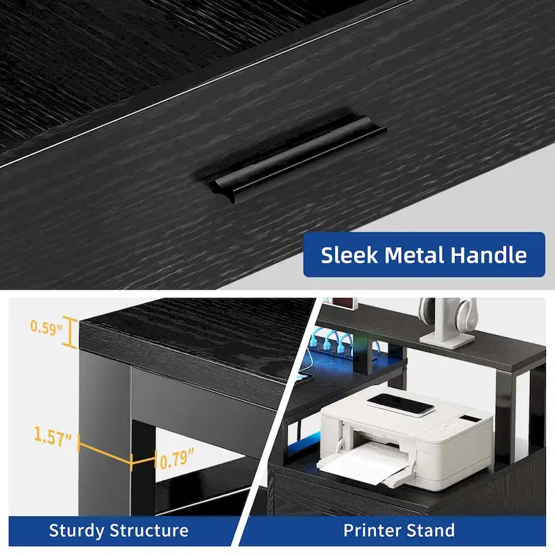 Bureau d'angle en L de 165 cm avec LED RVB, support d'écran et meuble de rangement – 1 personne | Blanc / Chêne / Gris Anthracite / Noir